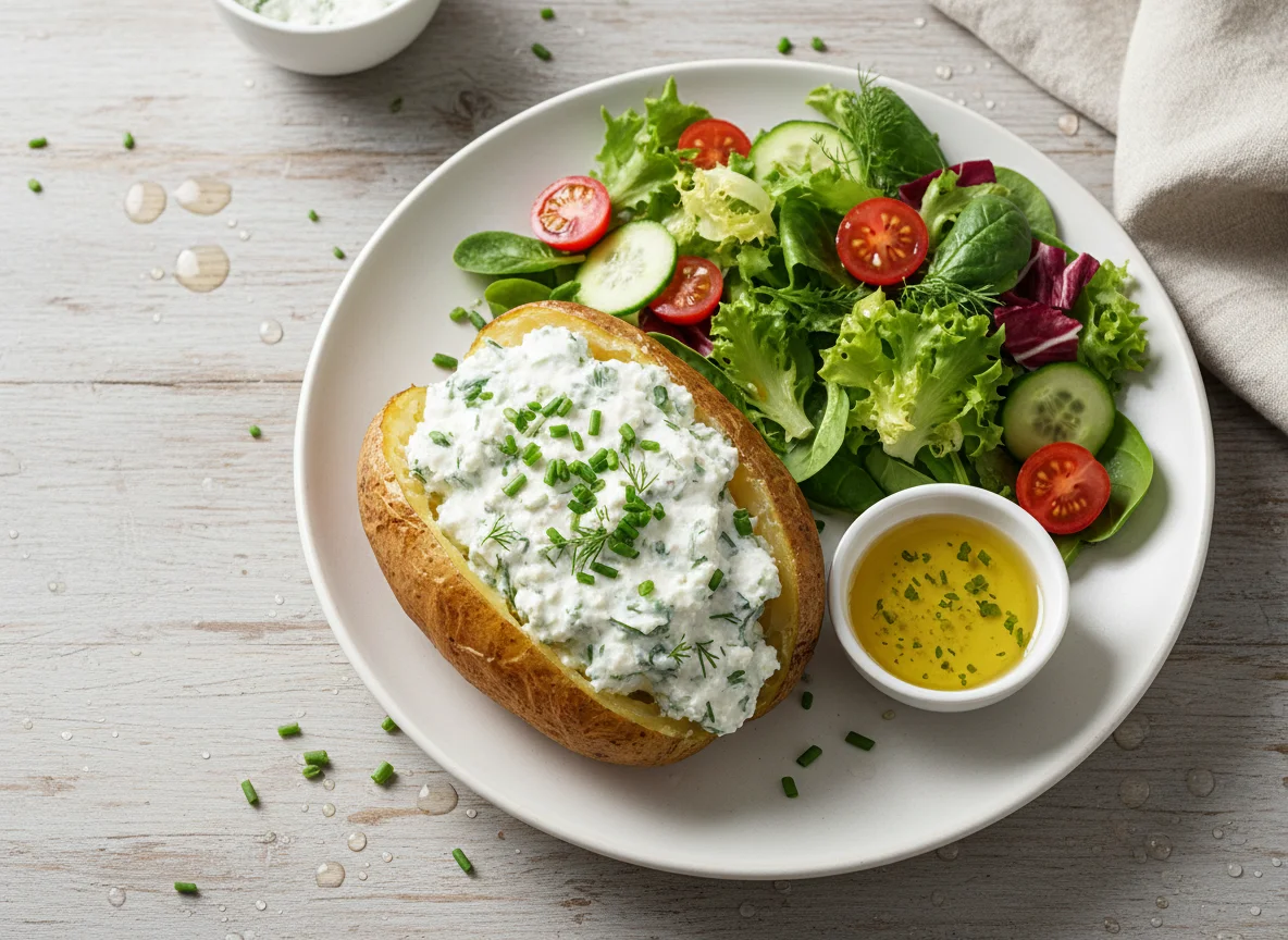 Ofenkartoffel mit Kräuterquark und Beilagensalat photo