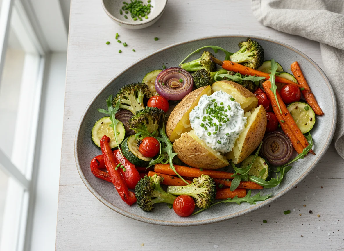 Ofenkartoffel mit Kräuterquark und gebratenem Gemüse photo