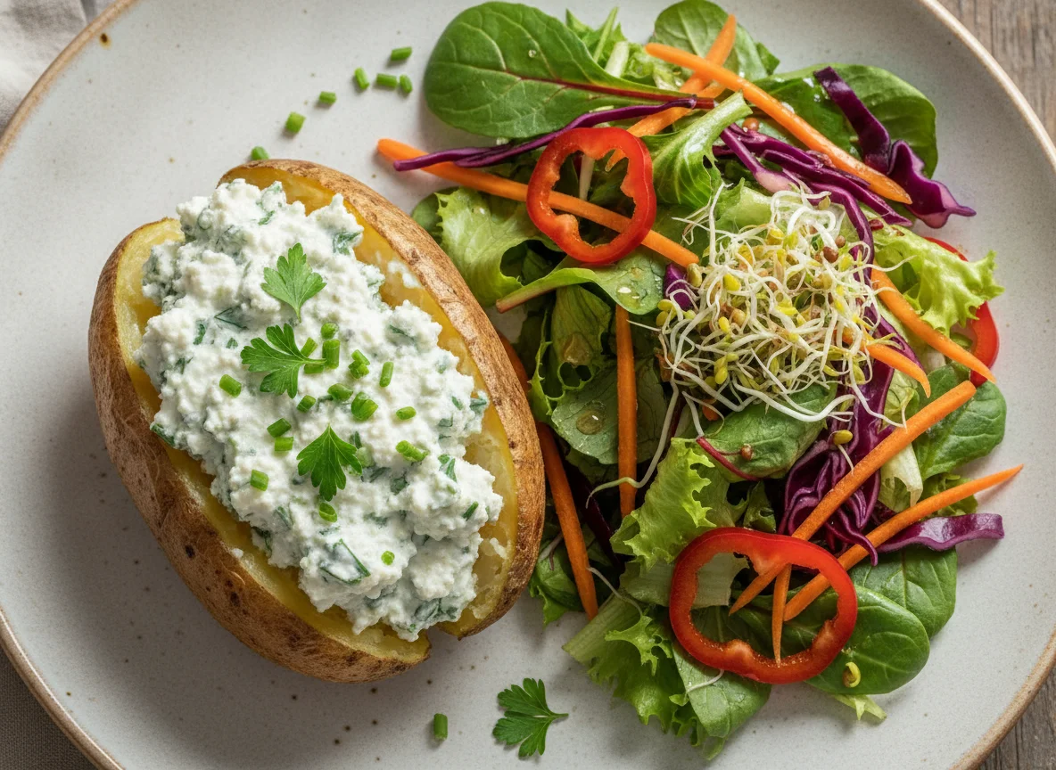 Ofenkartoffel mit Kräuterquark und gemischtem Salat photo