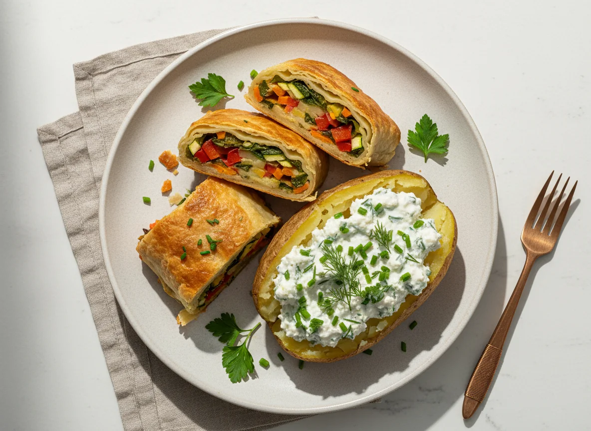 Ofenkartoffel mit Kräuterquark und Gemüsestrudel photo