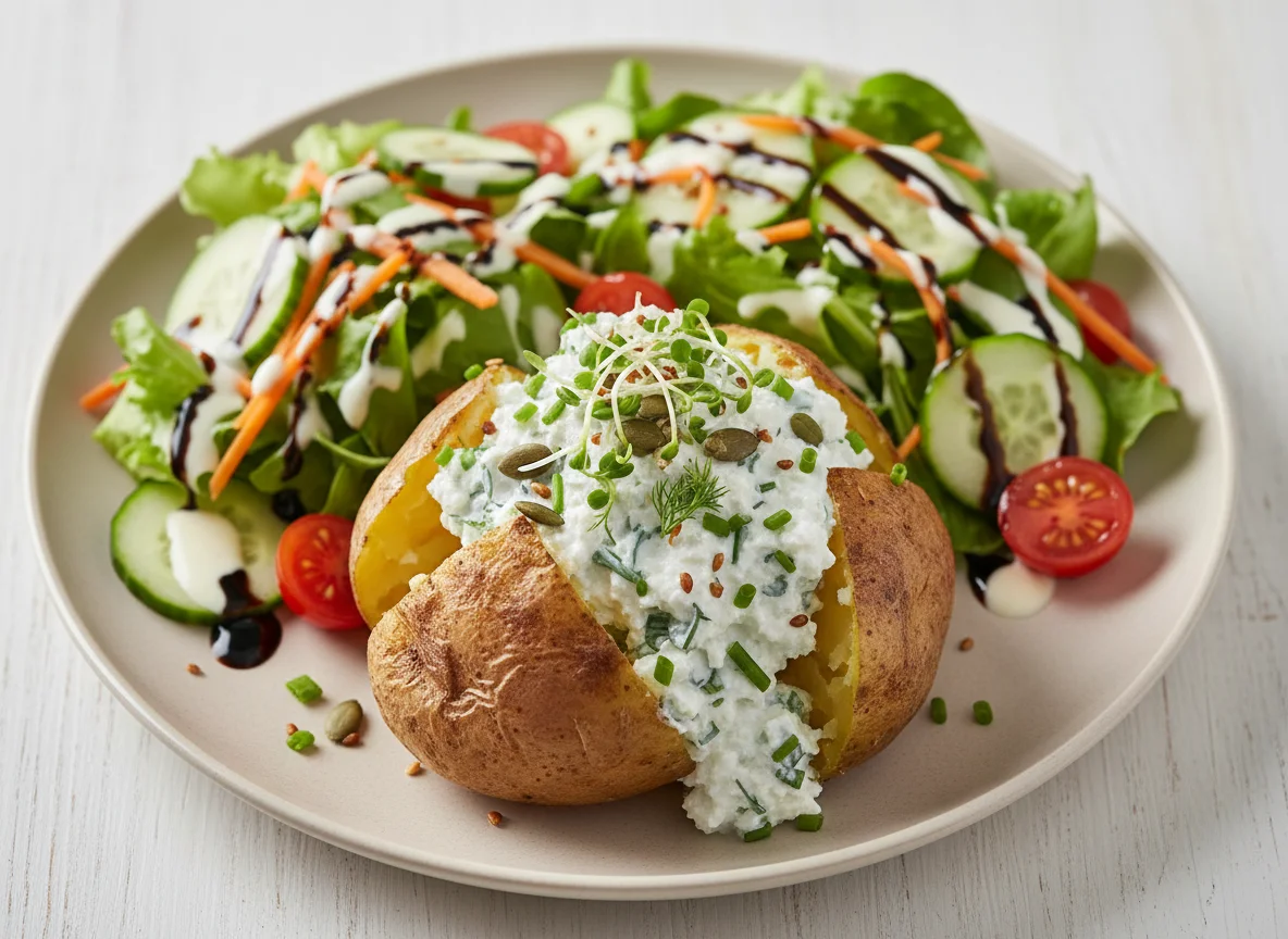 Ofenkartoffel mit Kräuterquark und Salat photo