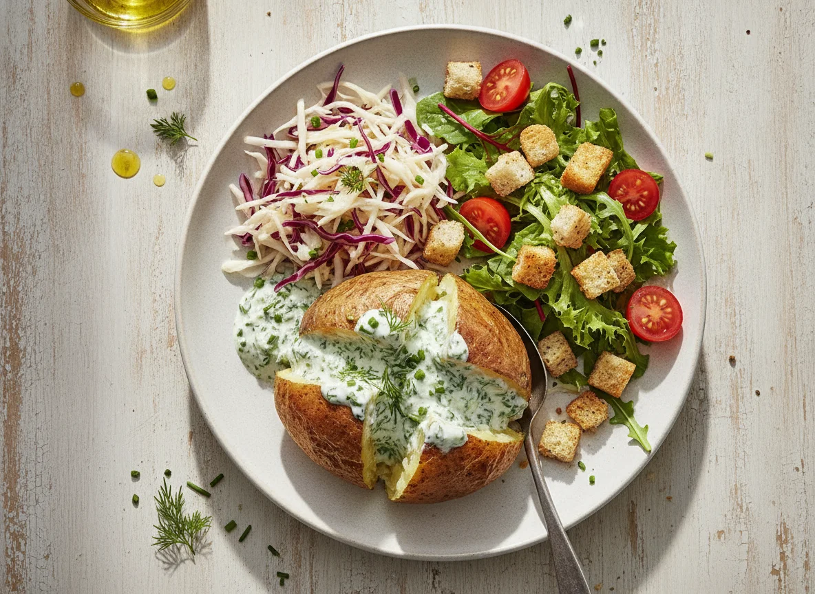 Ofenkartoffel mit Kräutersauce und Salat photo