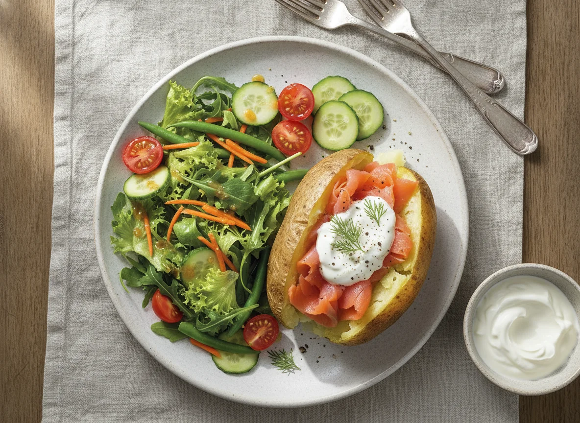 Ofenkartoffel mit Lachs und Beilagensalat photo