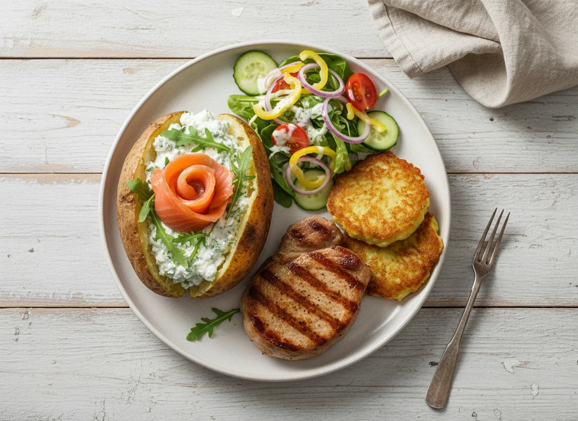 Ofenkartoffel mit Lachs und Salat photo