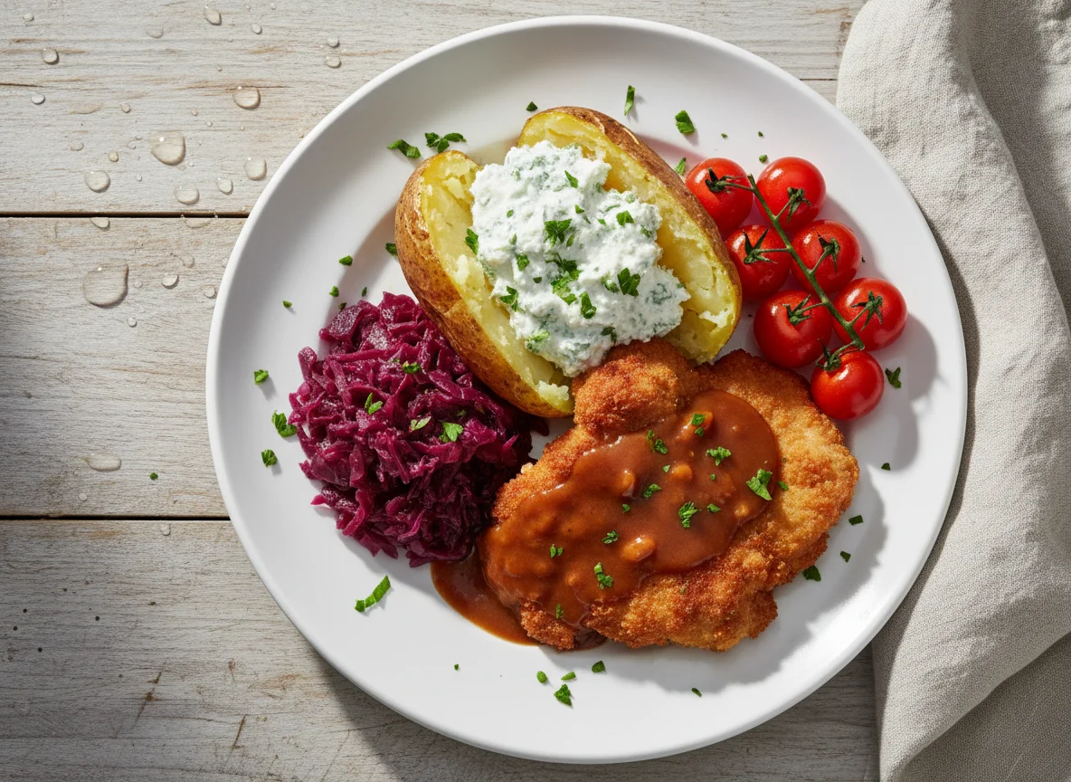 Ofenkartoffel mit Quark und Schnitzel photo