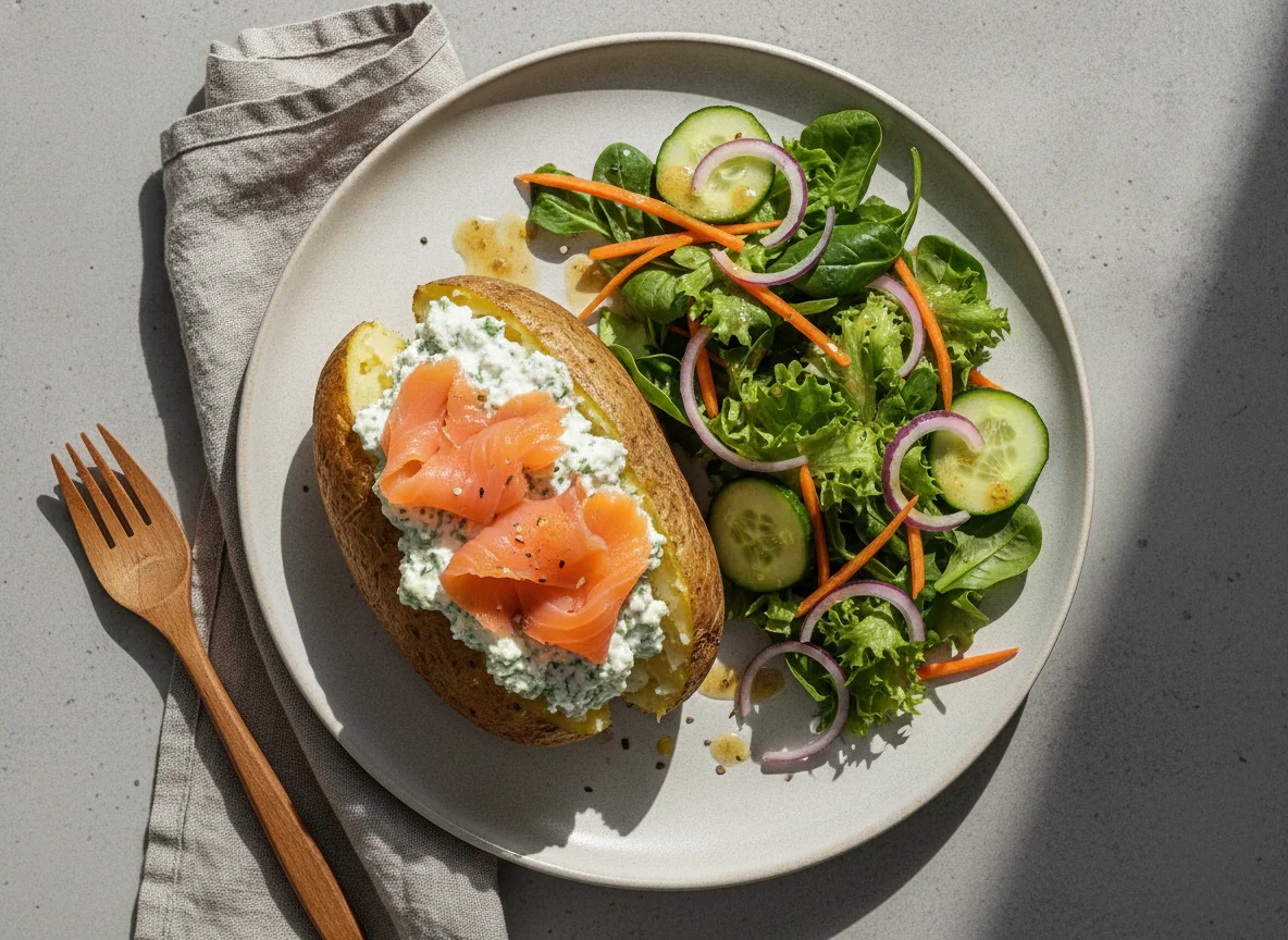 Ofenkartoffel mit Räucherlachs und Beilagensalat photo