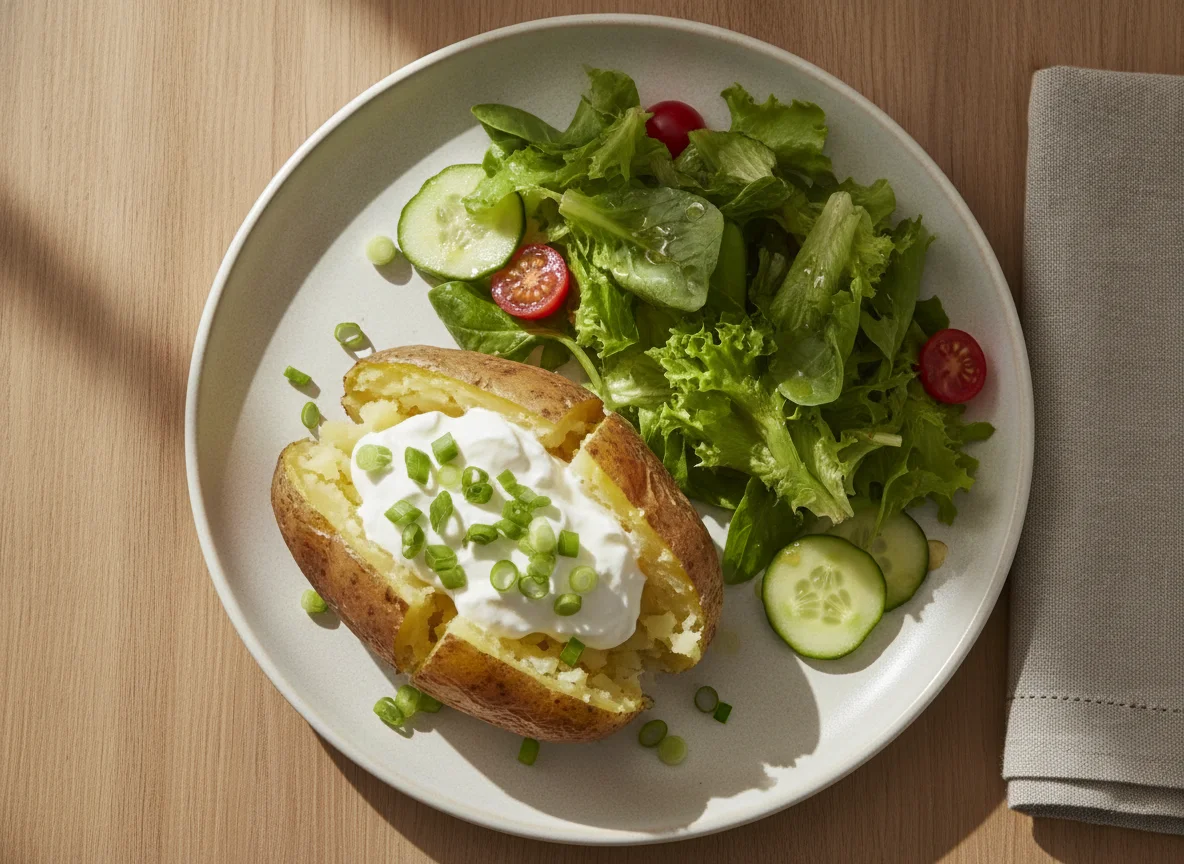 Ofenkartoffel mit Sauerrahm und Beilagensalat photo