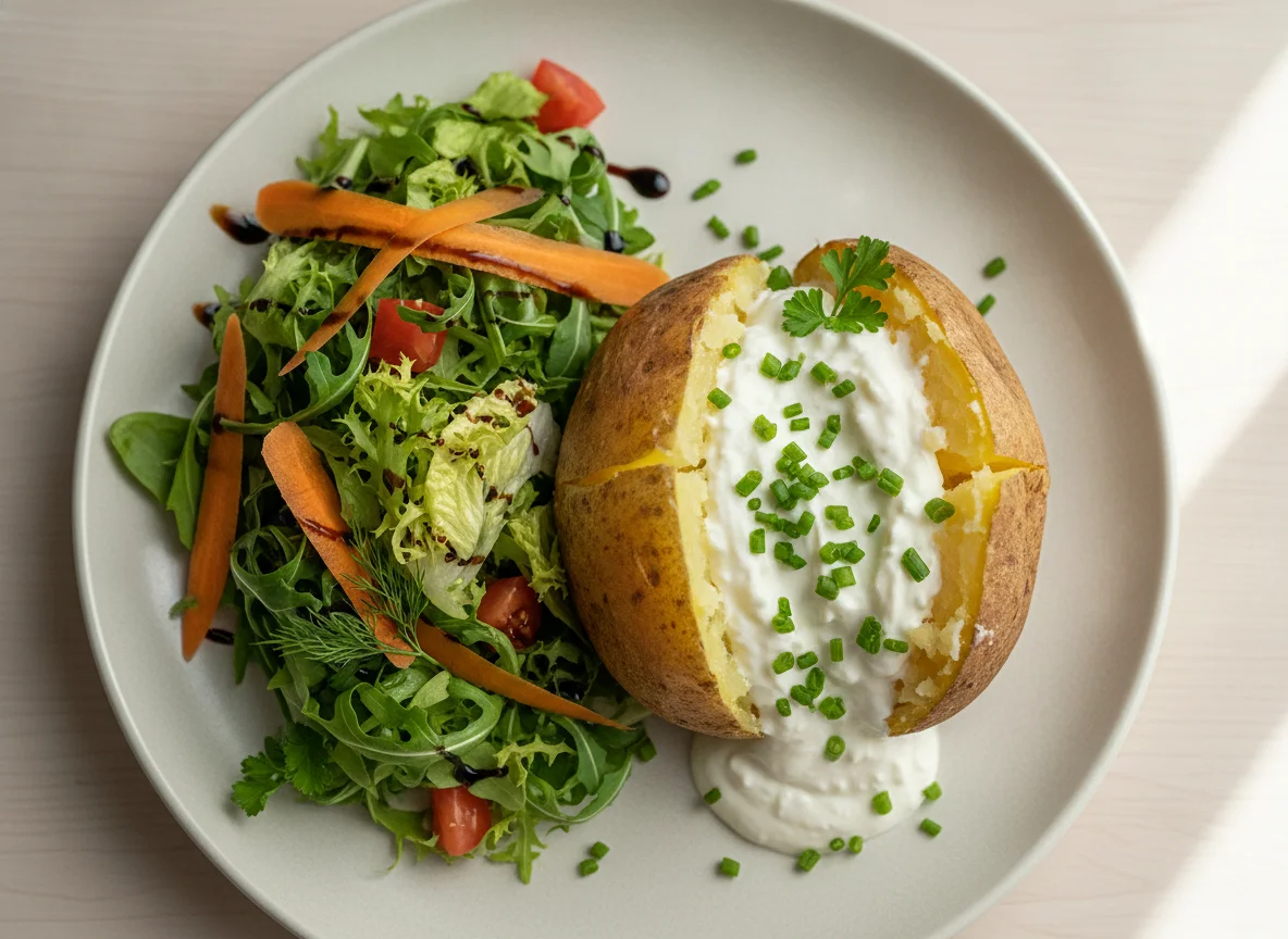 Ofenkartoffel mit Sauerrahm und gemischtem Salat photo