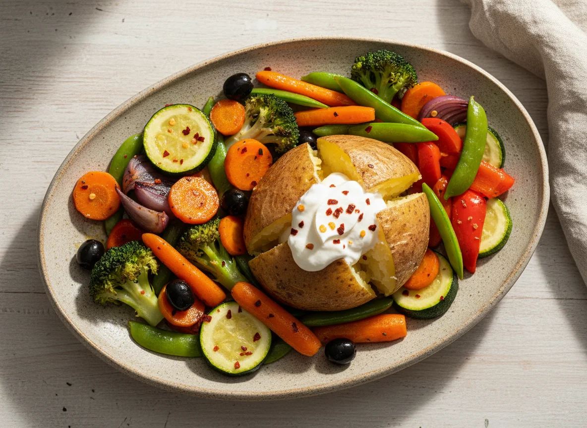 Ofenkartoffel mit Sauerrahm und Ofengemüse photo