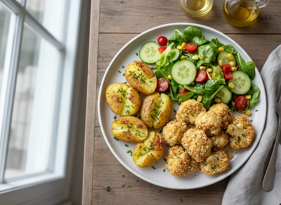 Ofenkartoffeln mit Blumenkohl und Salat photo