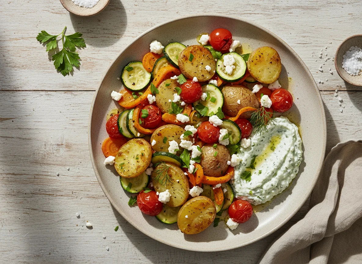 Ofenkartoffeln mit Feta, Gemüse und Kräuterquark photo