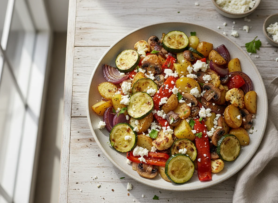 Ofenkartoffeln mit gebratenem Gemüse und Feta photo