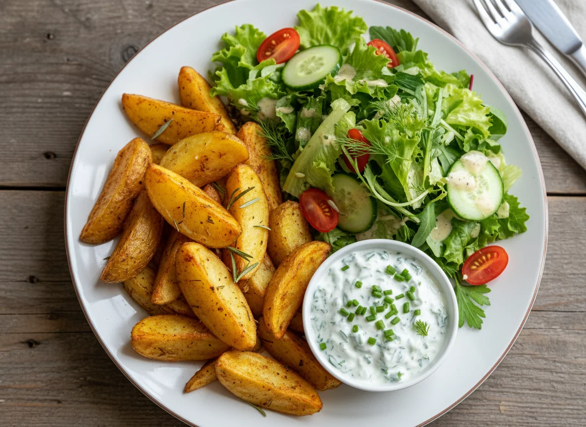 Ofenkartoffeln mit gemischtem Salat und Kräuterquark photo