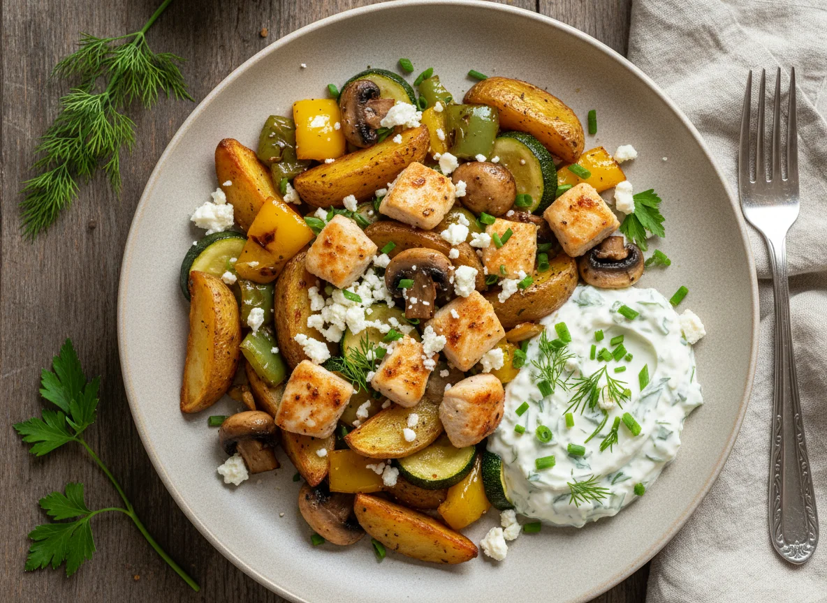 Ofenkartoffeln mit Gemüse und Feta-Hähnchen und Kräuterquark photo