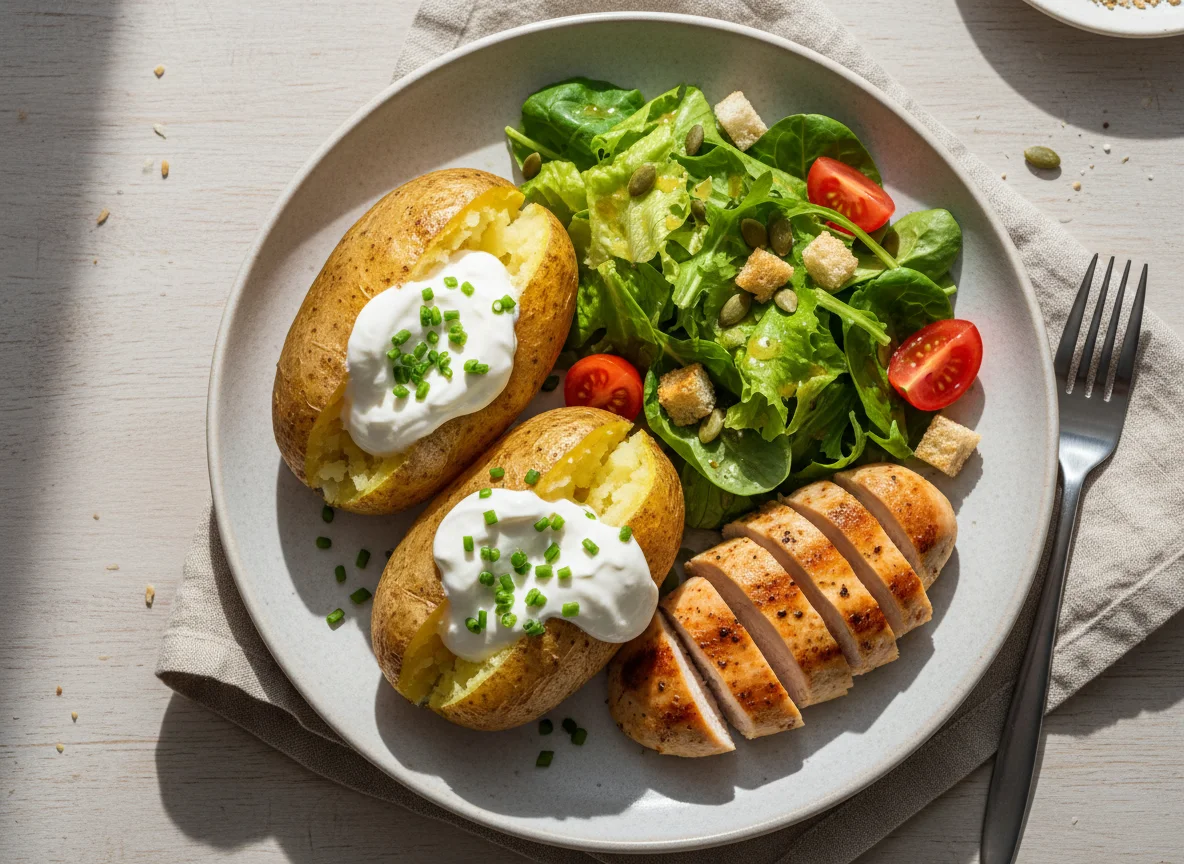 Ofenkartoffeln mit Hähnchen und Salat photo