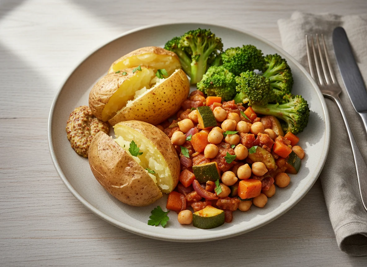 Ofenkartoffeln mit Kichererbsen-Gemüsepfanne und Brokkoli photo