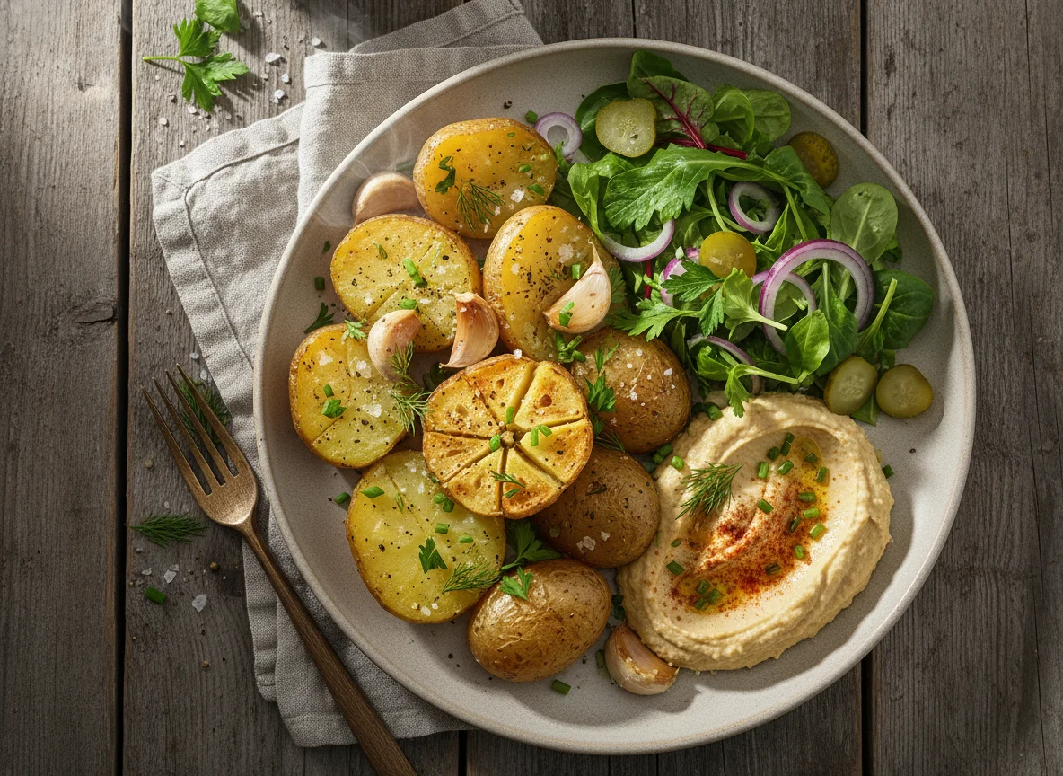 Ofenkartoffeln mit Knoblauch und Salat photo