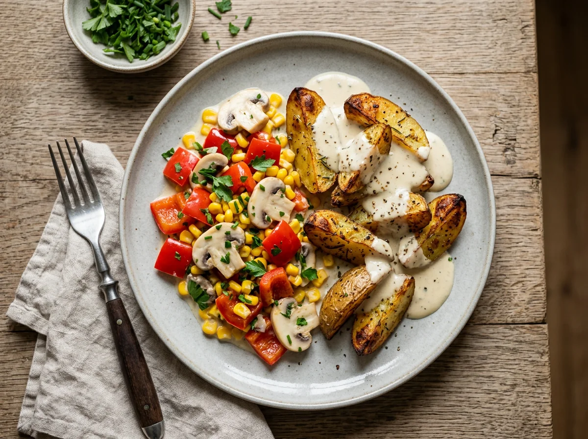 Ofenkartoffeln mit Paprika-Mais-Pilz-Gemüse und Sauce photo
