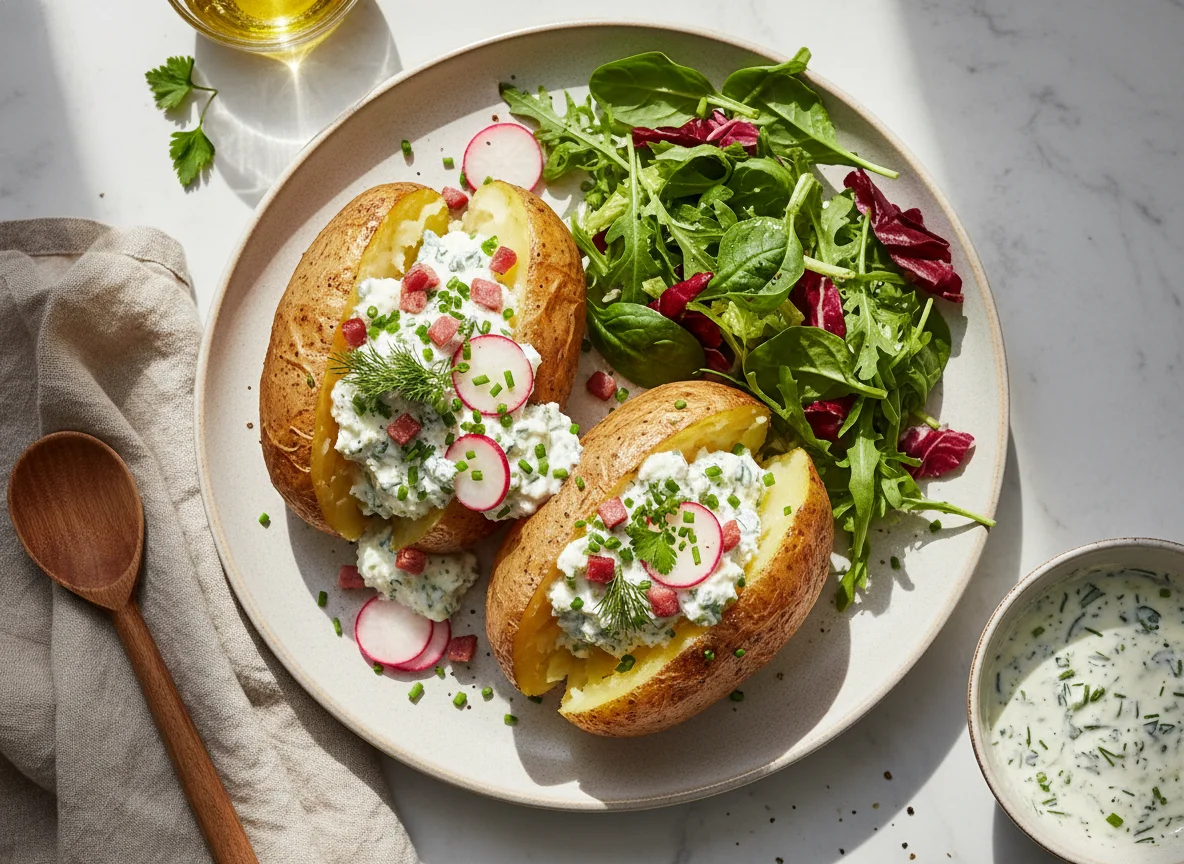 Ofenkartoffeln mit Quark und Salat photo