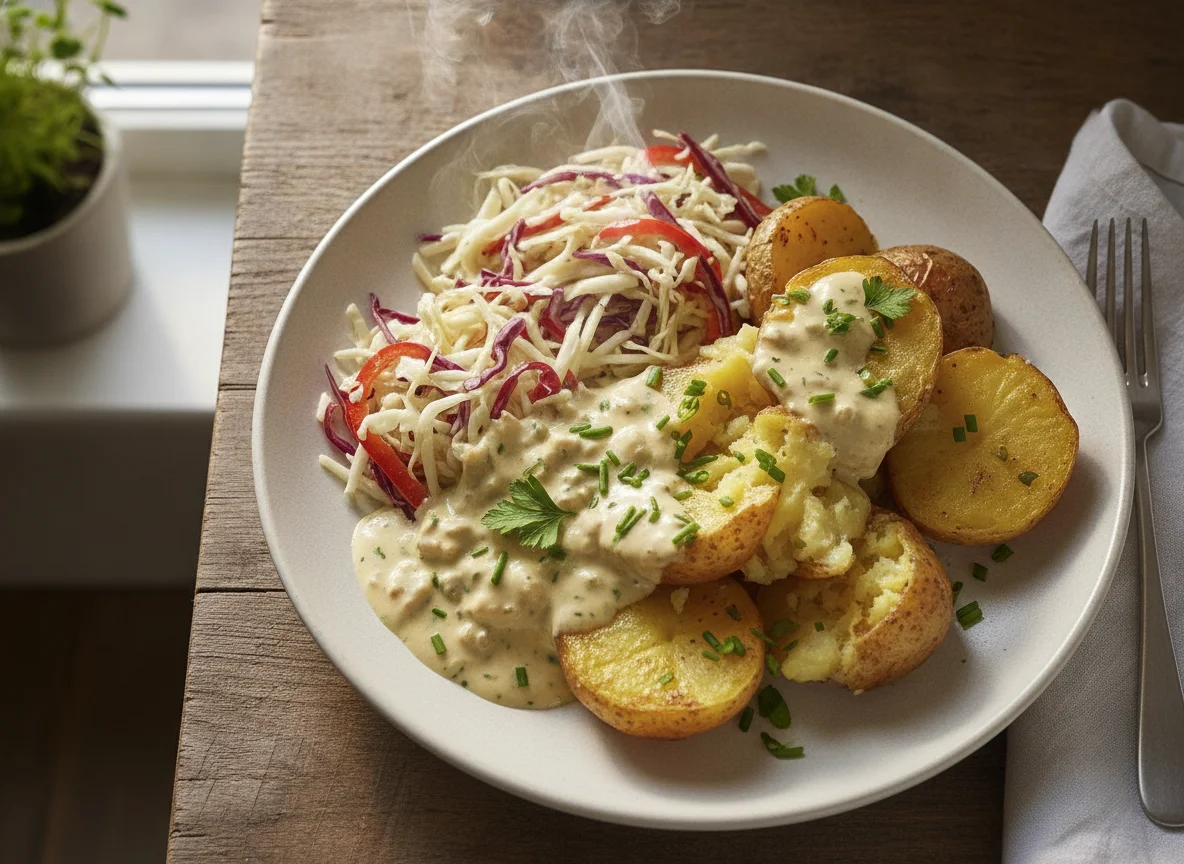 Ofenkartoffeln mit Sahnesauce und Krautsalat photo