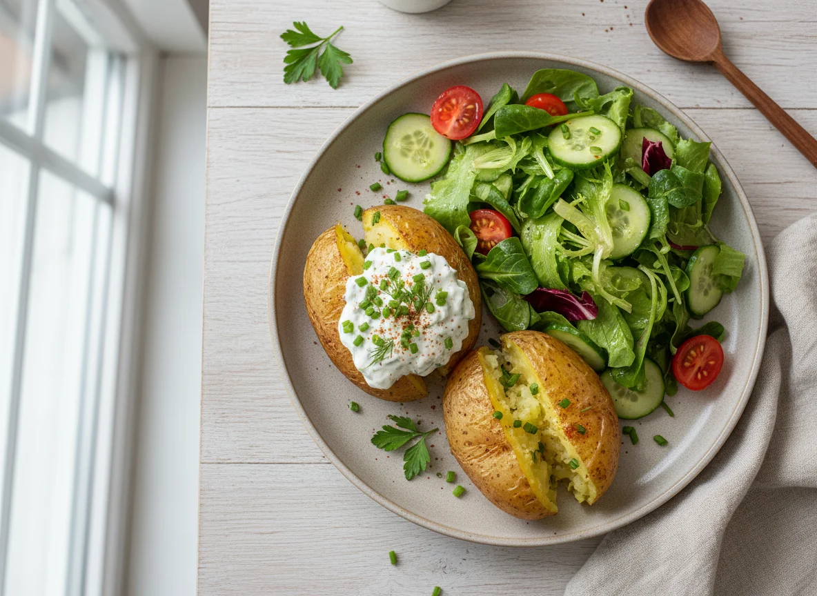 Ofenkartoffeln mit Salat und Dip photo