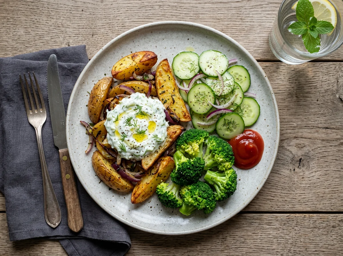 Ofenkartoffeln mit Tzatziki und Gurkensalat photo