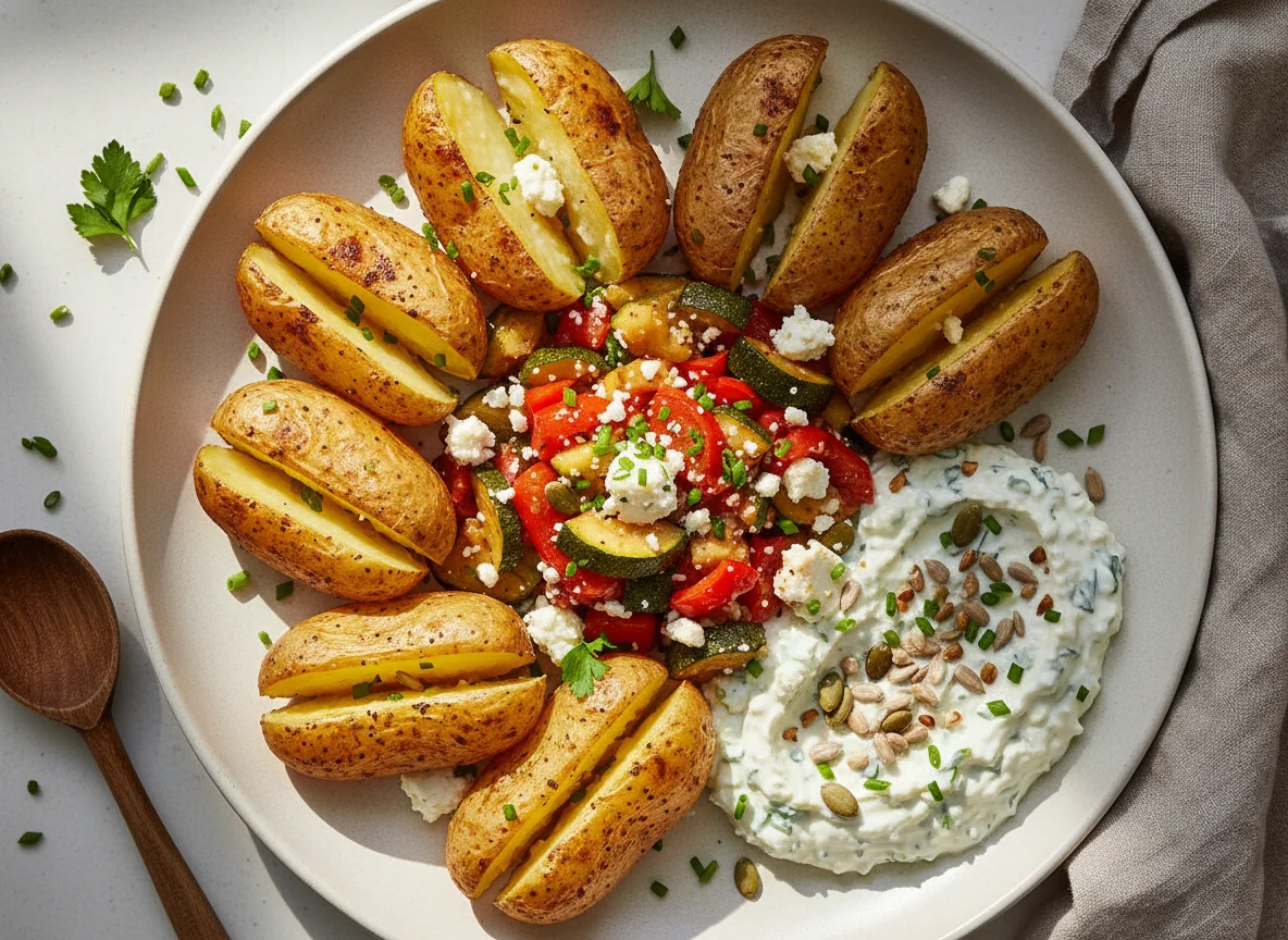 Ofenkartoffeln mit Zucchini-Paprika-Gemüse und Kräuterquark photo