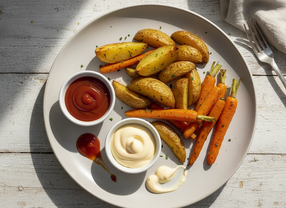 Ofenkartoffeln und Karotten mit Saucen photo