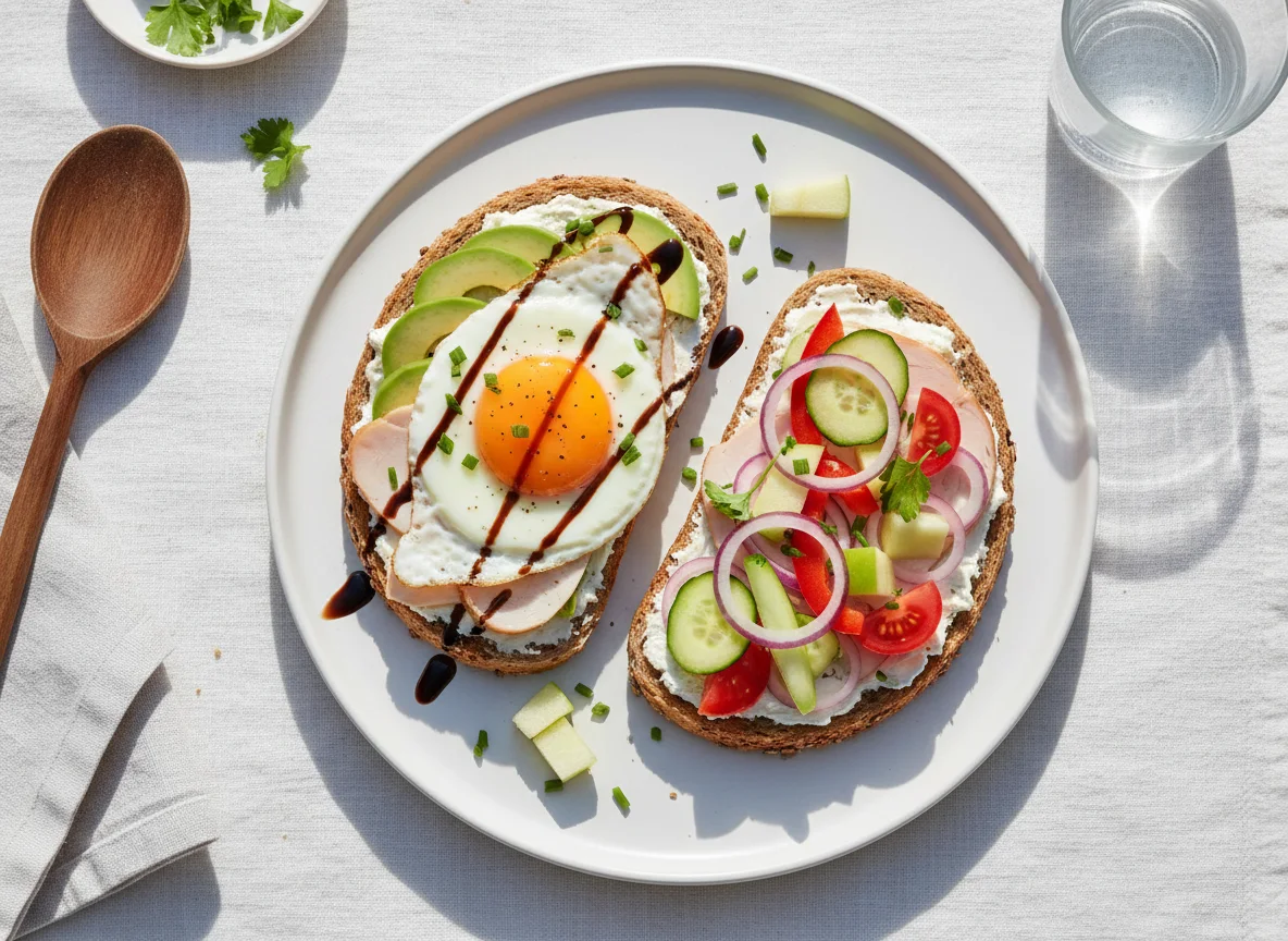 Offene Brote mit Spiegelei und Putenbrust photo