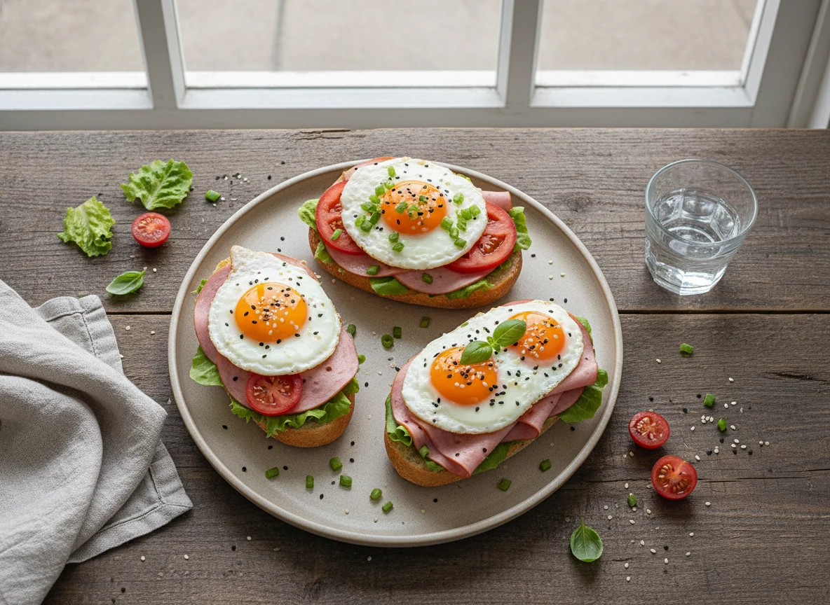 Offene Sandwiches mit Spiegelei und Wurst photo