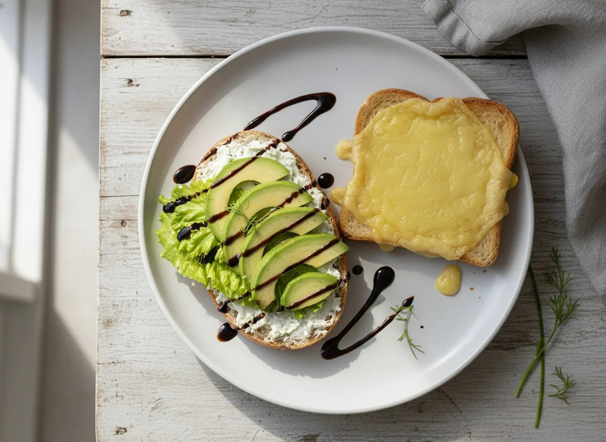 Offenes Sandwich mit Avocado, Käse und Salat photo