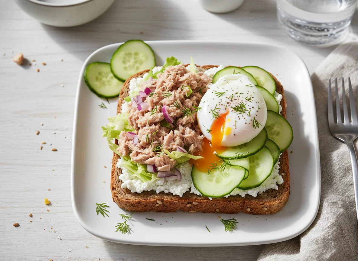 Offenes Sandwich mit Thunfischsalat und Gurken photo