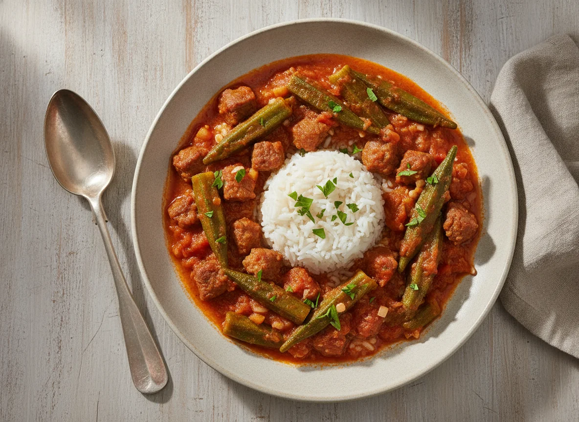 Okra-Eintopf mit Rindfleisch und Reis photo