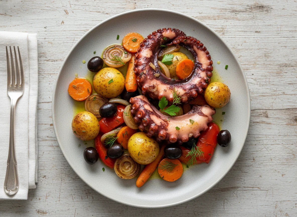 Oktopus mit Kartoffeln und Gemüse photo