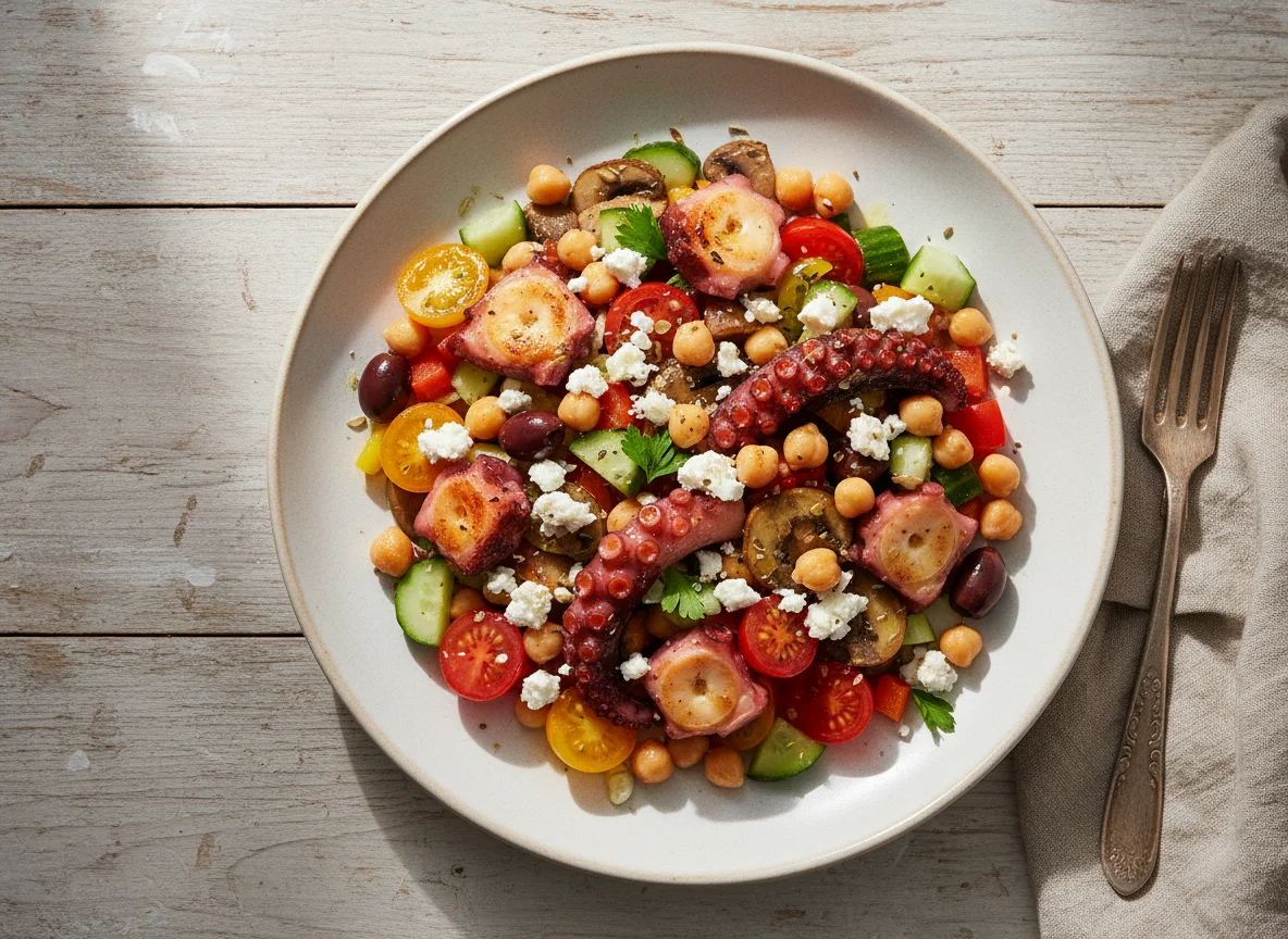 Oktopus-Salat mit Kichererbsen und Gemüse photo