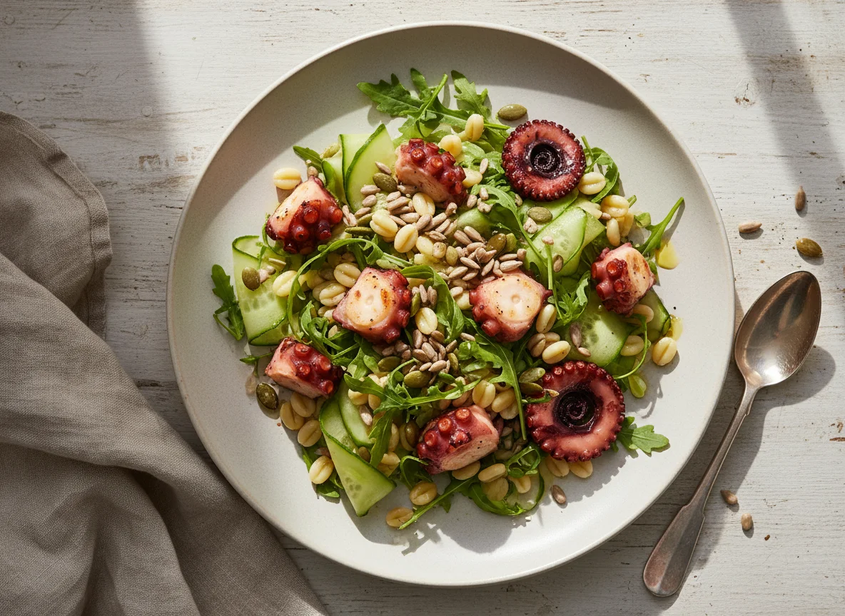 Oktopus-Salat mit Orzo und Kernen photo