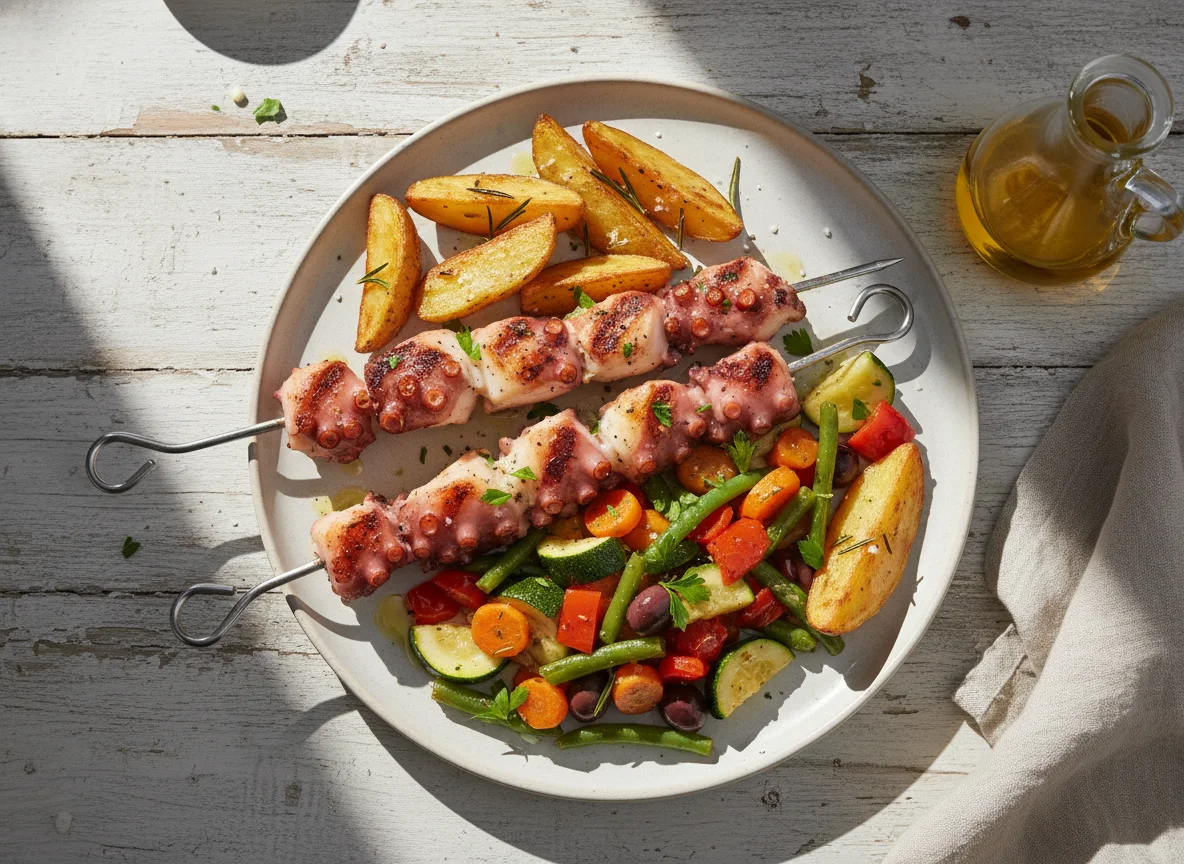 Oktopus-Spieße mit Kartoffelspalten und Gemüse photo