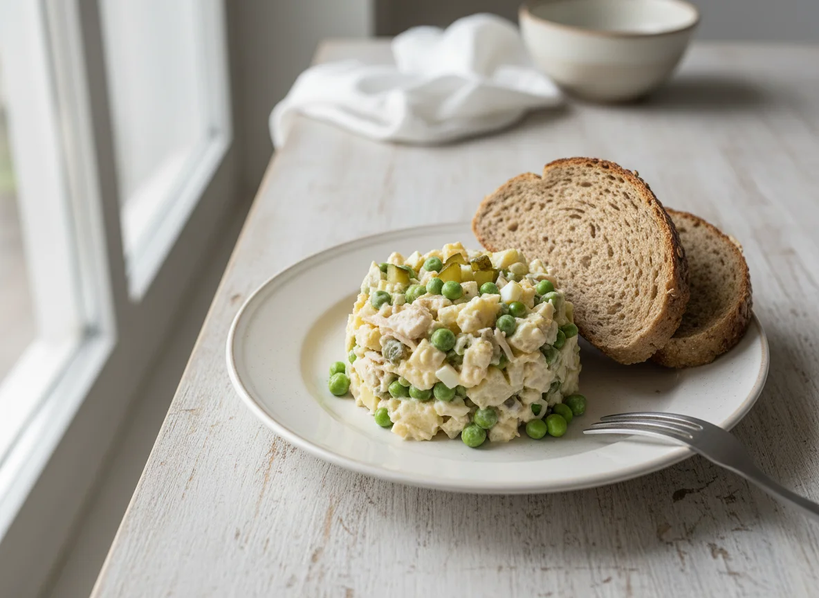 Olivier Salat mit Vollkornbrot photo
