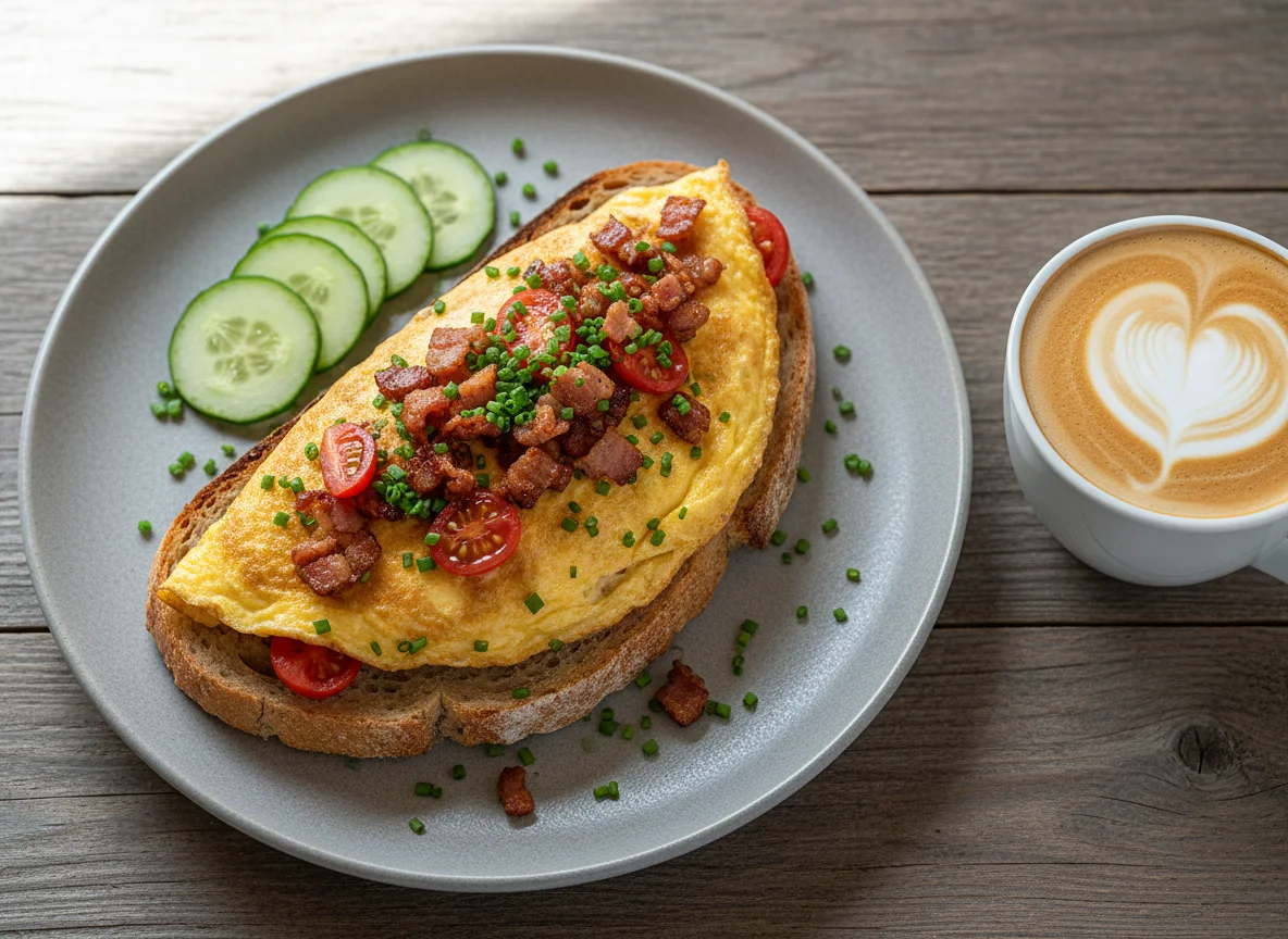 Omelett auf Sauerteigbrot mit Tomaten und Speck photo
