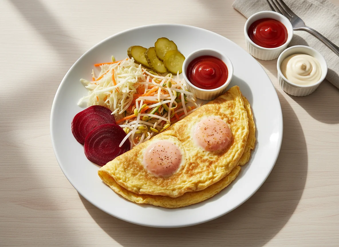 Omelett mit 2 Eier mit Weißkohl, Karotten und Sojasprossen photo
