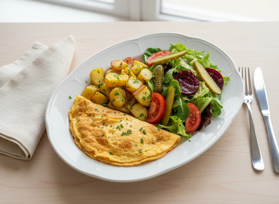 Omelett mit Bratkartoffeln und Salat photo