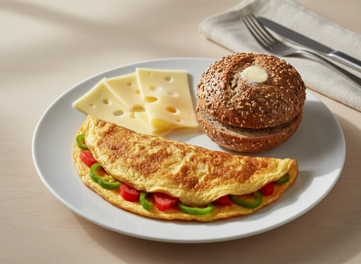 Omelett mit Brötchen und Käse photo