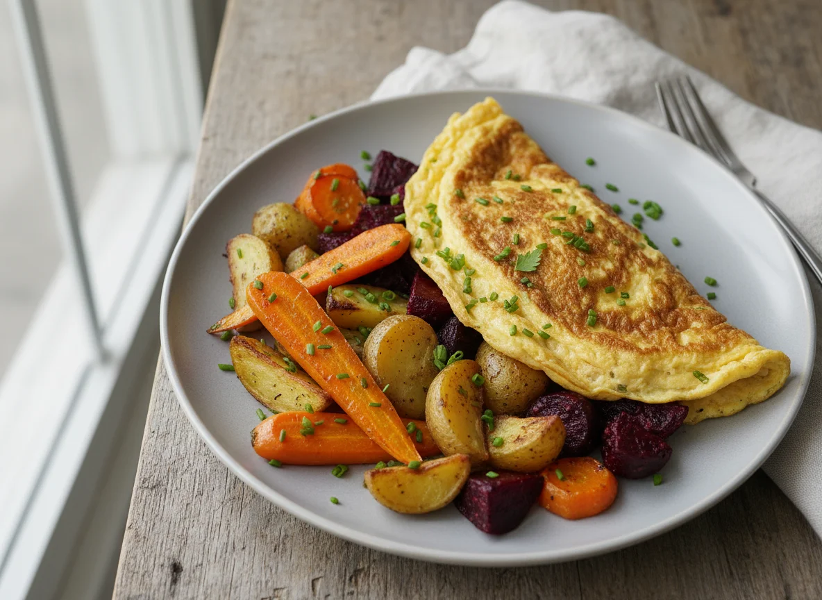 Omelett mit gebratenem Gemüse photo