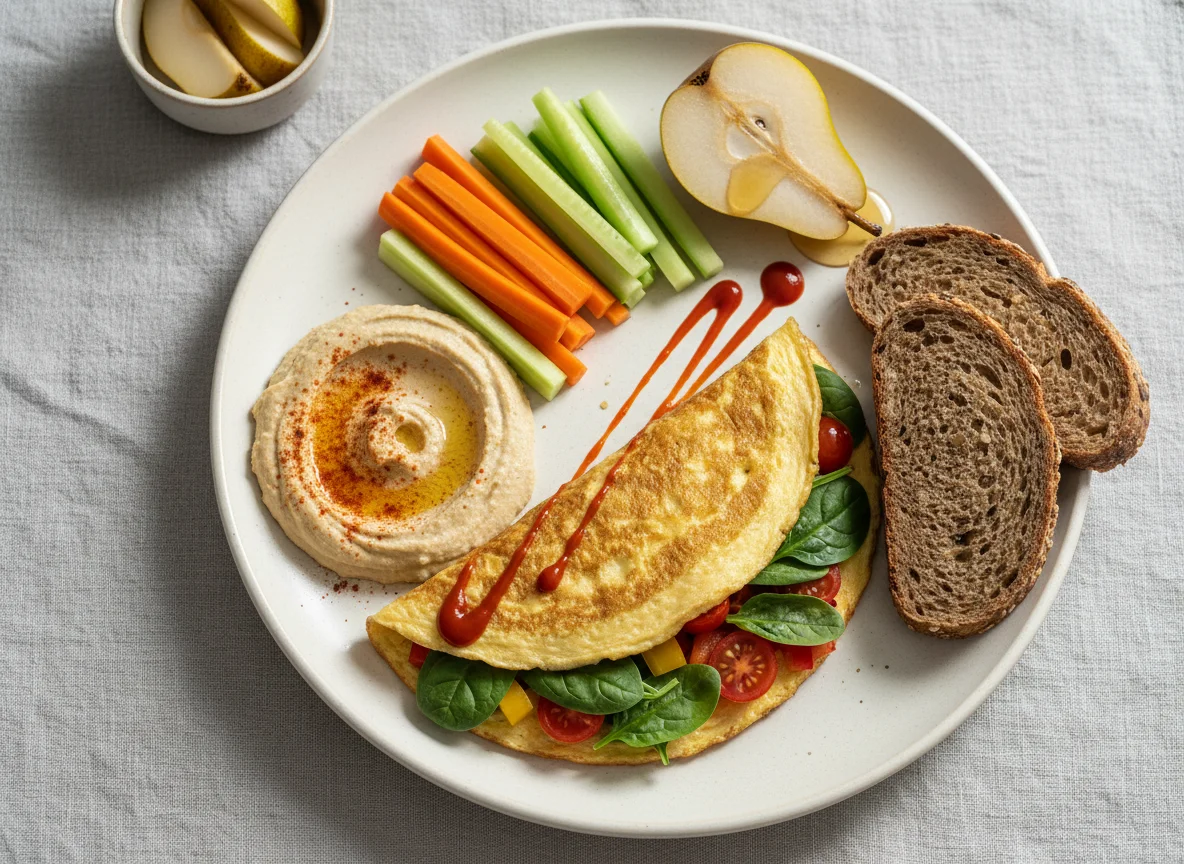 Omelett mit Gemüse, Hummus, Brot und Birne photo