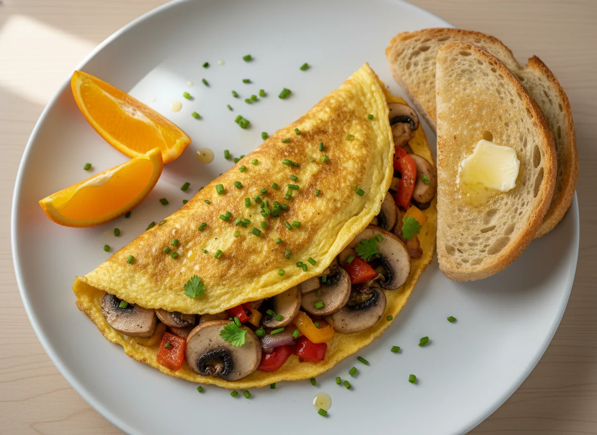 Omelett mit Gemüse, Toast und Orange photo
