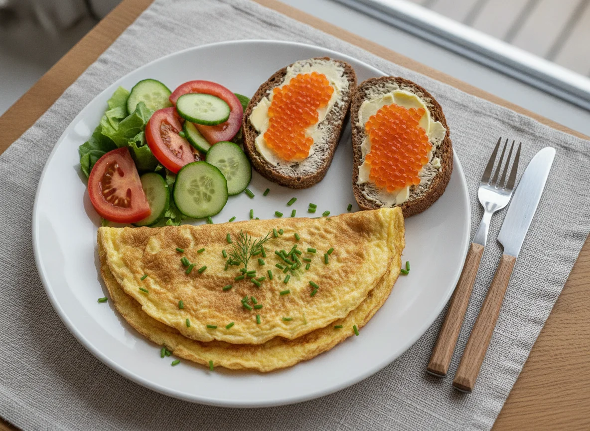 Omelett mit Kaviarbrot und Salat photo