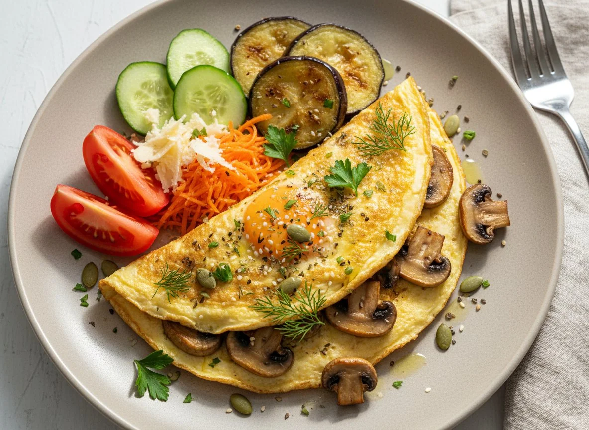 Omelett mit Pilzen, Gemüse und Salat photo