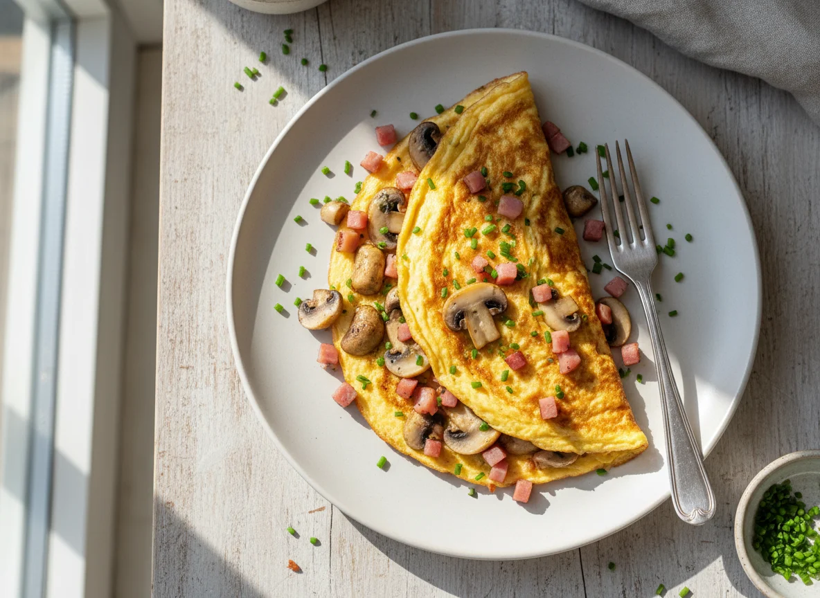 Omelett mit Pilzen und Schinken photo