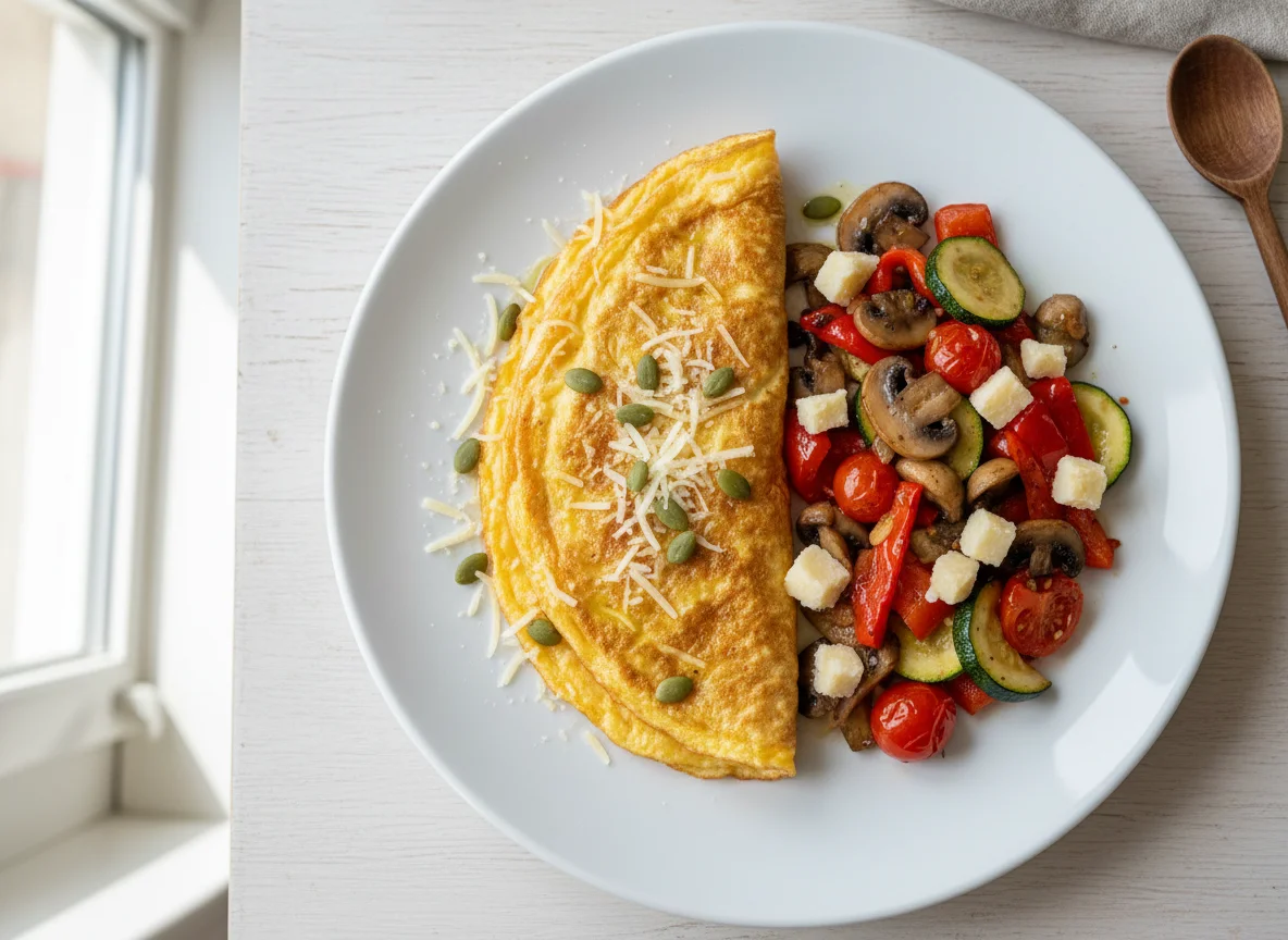 Omelett mit Pilz-Gemüse-Pfanne und Käse photo