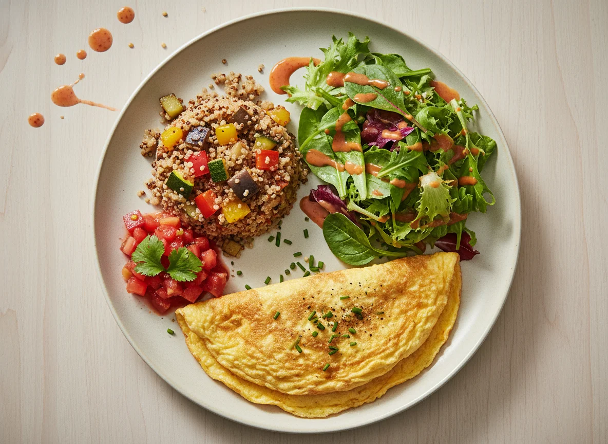 Omelett mit Quinoa, Gemüse und Salat photo